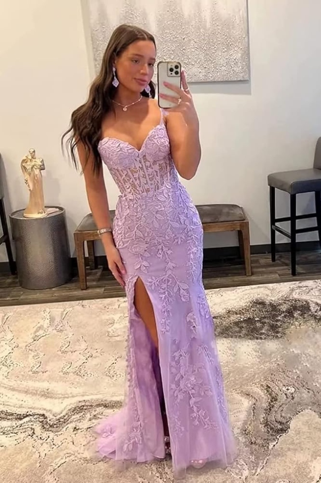 Niche Utama 2 Women's Sweetheart Corset Side Slit Prom Dress, Long Lace